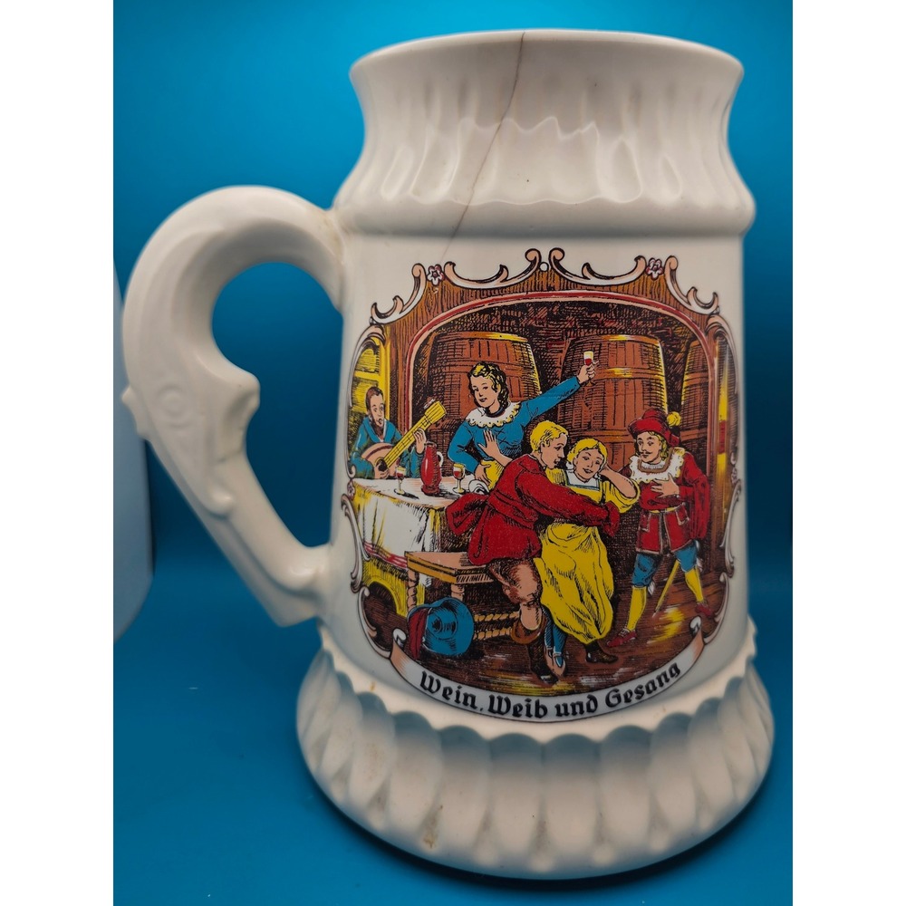 Vintage German Beer Stein Wein Weib Gesang Mug Oktoberfest Crack